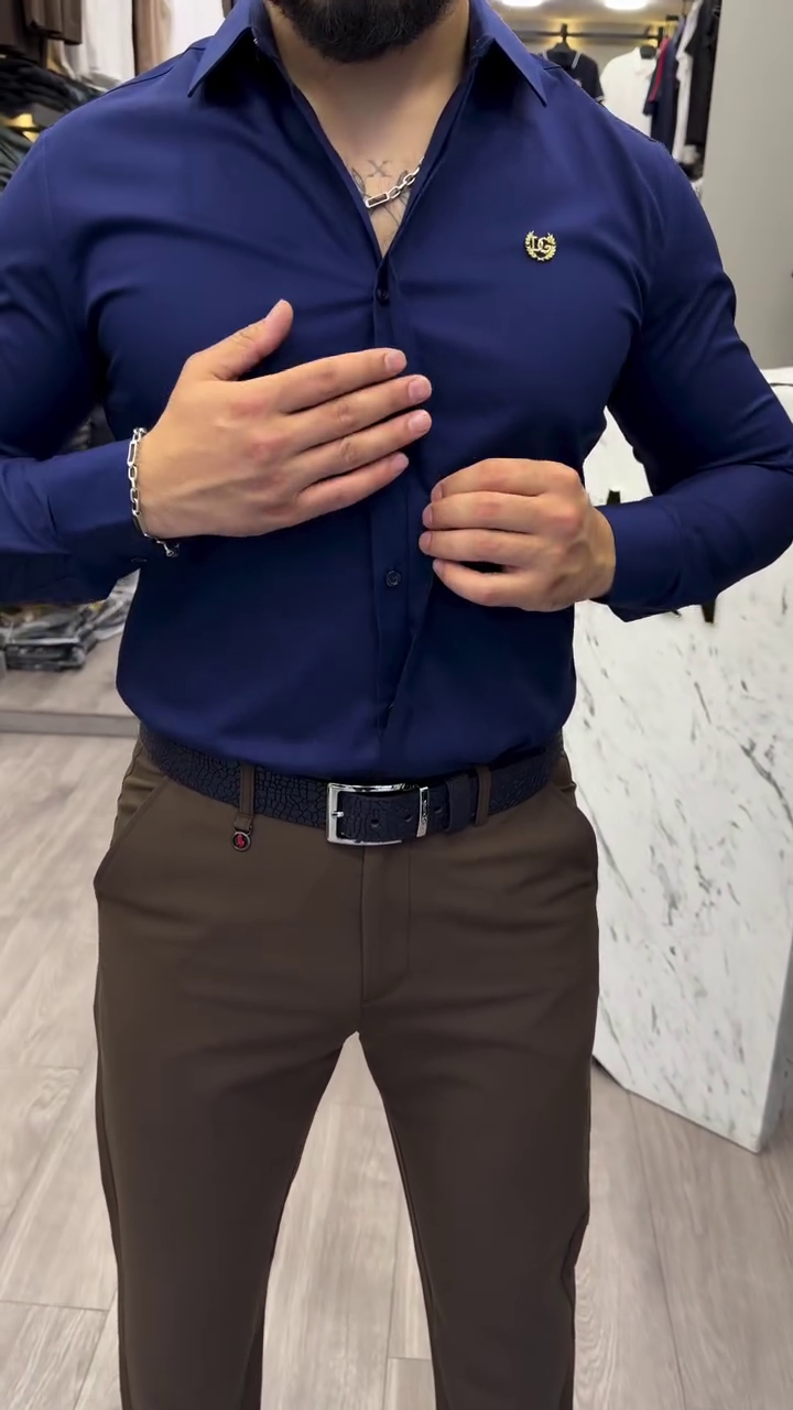 Men Navy Blue Brand Logo Embroidered Slim Fit Giza Cotton Formal Shirt - Image 5