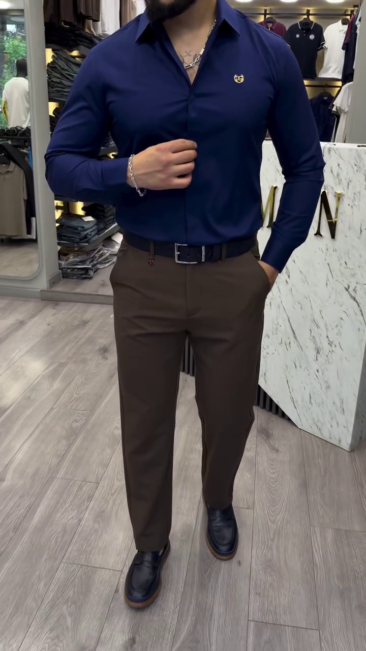 Men Navy Blue Brand Logo Embroidered Slim Fit Giza Cotton Formal Shirt - Image 3