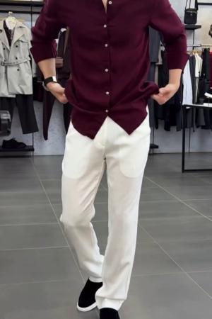 Men Solid Button-Down Collar Pure Cotton Wine Casual Shirt