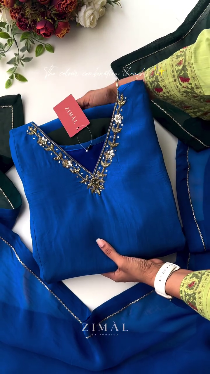 Embroidered Beads and Stones Chanderi Cotton Straight Kurta with Trousers & Dupatta