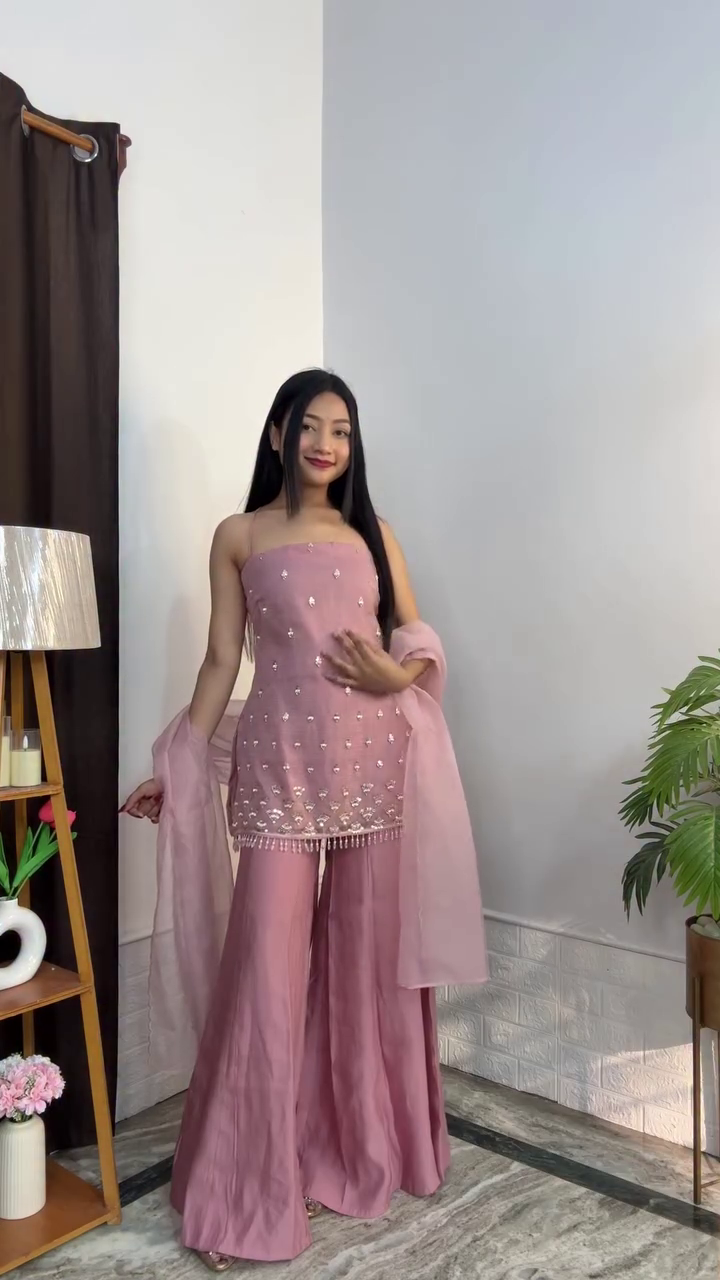 Women Light Pink Crush Embroidered Organza Straight Kurta Set with Dupatta - Image 16