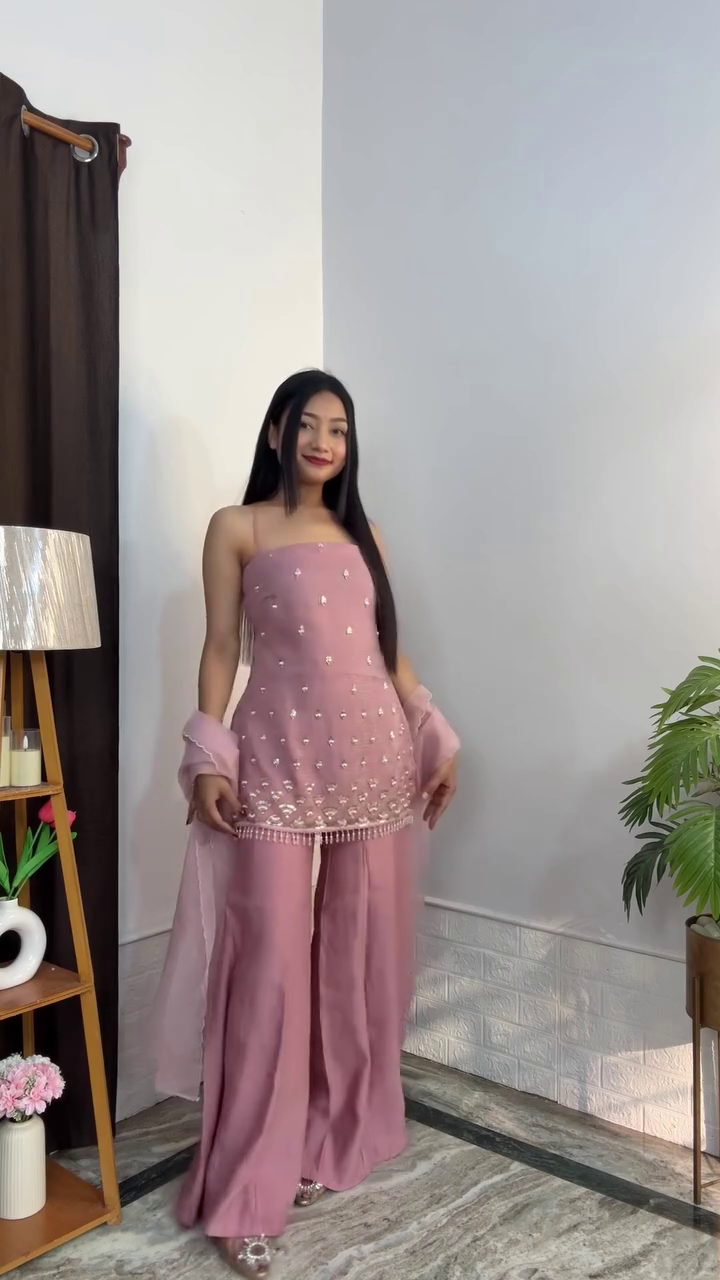 Women Light Pink Crush Embroidered Organza Straight Kurta Set with Dupatta - Image 14