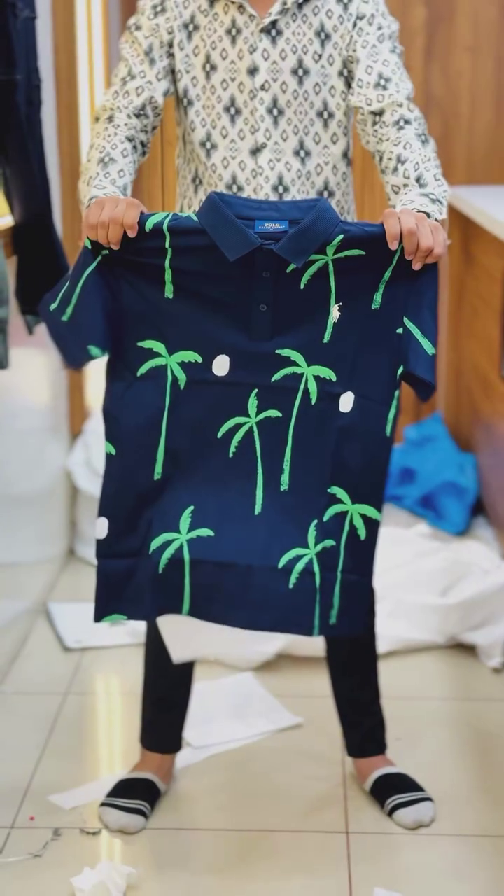 Floral Printed Polo Collar Cotton T-shirt - Image 6