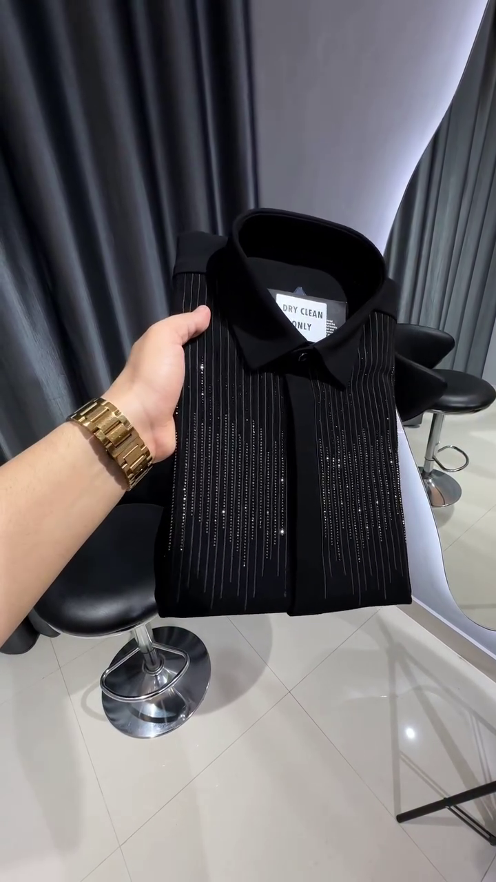 Men Shirt | Slim Fit Full Sleeve Point Collar with Sequin Embellishment - Image 7