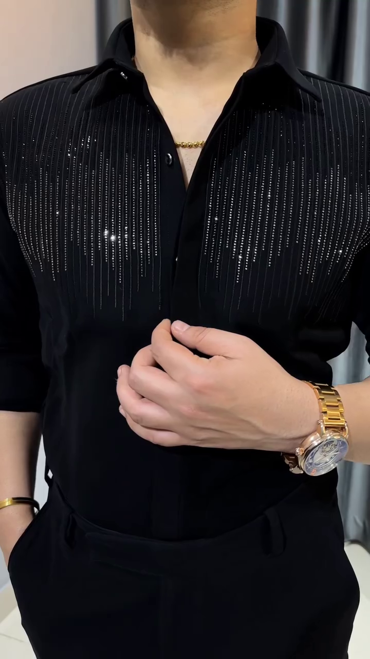 Men Shirt | Slim Fit Full Sleeve Point Collar with Sequin Embellishment - Image 6