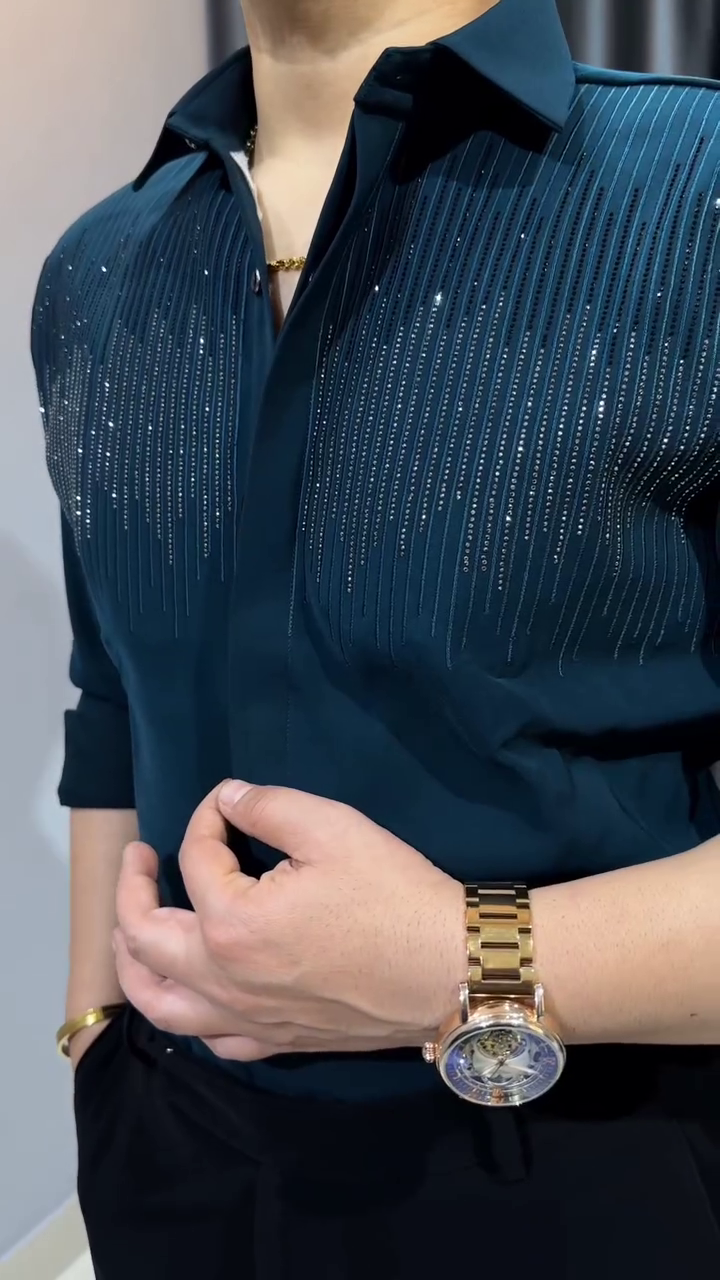 Men Shirt | Slim Fit Full Sleeve Point Collar with Sequin Embellishment - Image 3