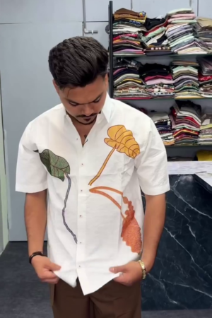 Men's Floral Pure Cotton Off White Shirt for Men|Spread Collar